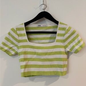 Zara Green and White Striped Women's Crop Top